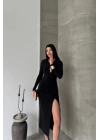 SANDY ELBİSE BÜZGÜ DETAYLI - Siyah
