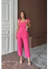 ŞANTUK KETEN YELEK GÖRÜNÜMLÜ  ASKILI BLUZ - PANTOLON TK - Fuşya