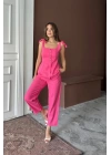 ŞANTUK KETEN YELEK GÖRÜNÜMLÜ  ASKILI BLUZ - PANTOLON TK - Fuşya