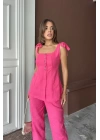 ŞANTUK KETEN YELEK GÖRÜNÜMLÜ  ASKILI BLUZ - PANTOLON TK - Fuşya