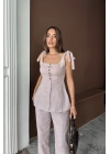 ŞANTUK KETEN YELEK GÖRÜNÜMLÜ  ASKILI BLUZ - PANTOLON TK - Lila