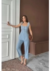 ŞANTUK KETEN YELEK GÖRÜNÜMLÜ  ASKILI BLUZ - PANTOLON TK - Mavi