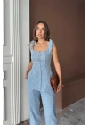 ŞANTUK KETEN YELEK GÖRÜNÜMLÜ  ASKILI BLUZ - PANTOLON TK - Mavi