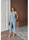 ŞANTUK KETEN YELEK GÖRÜNÜMLÜ  ASKILI BLUZ - PANTOLON TK - Mavi