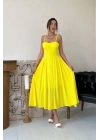 Sarı Göğüs Kuplu Uzun Büzgülü Elbise