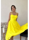Sarı Göğüs Kuplu Uzun Büzgülü Elbise