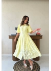 Sarı Kemerli Balon Kollu Elbise