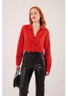 Saten Crop Model Kırmızı Gömlek