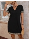 Şerit Detay V Yaka Yandan Cepli Viskon Elbise