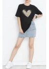 Sevgililer Günü İçin Özel Tasarım Leopar Kalp Baskılı T-shirt - Siyah