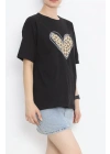 Sevgililer Günü İçin Özel Tasarım Leopar Kalp Baskılı T-shirt - Siyah