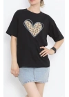 Sevgililer Günü İçin Özel Tasarım Leopar Kalp Baskılı T-shirt - Siyah