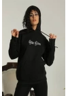 Sırt Baskılı Oversize Üç İplik Kapüşonlu Sweatshirt - Siyah