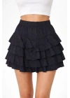 Siyah Katlı Mini Fırfıtlı Etek Lastikli Yüksel Bel, Volanlı Tasarım, Rahat Kalıp, Günlük Ve Şık Kombinelere Uygun Yazlık Etek - Siyah