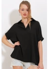 Siyah Oversize Polo Yaka Örme Bluz 0486
