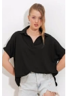 Siyah Oversize Polo Yaka Örme Bluz 0486
