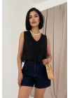 Siyah Sıfır Kol Brode Bluz