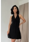 Siyah Sırtı Açık Ceket Yakalı Elbise