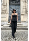 Siyah Straplez Düğmeli Crop Ve Pantolon Takım