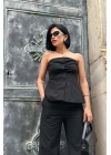 Siyah Straplez Düğmeli Crop Ve Pantolon Takım