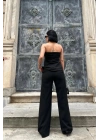 Siyah Straplez Düğmeli Crop Ve Pantolon Takım