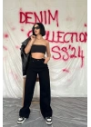 Siyah Yüksek Bel Ve Geniş Paça Jeans Pantolon