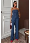 Straplez Büstiyerli Plazzo Pantolonlu Çizgili Takım 10151