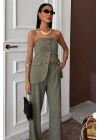 Straplez Büstiyerli Plazzo Pantolonlu Çizgili Takım 10151