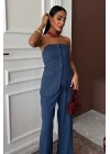 Straplez Büstiyerli Plazzo Pantolonlu Çizgili Takım 10151