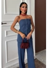 Straplez Büstiyerli Plazzo Pantolonlu Çizgili Takım 10151