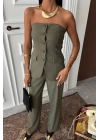 Straplez Büstiyerli Plazzo Pantolonlu Çizgili Takım 10151