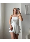 Straplez Mini Etek Görünümlü Şortlu Elbise Büzgülü Şık Yazlık - Beyaz