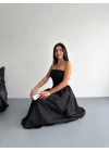 Straplez Pileli Elbise - Siyah