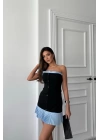 STRAPLEZ POLVİSKON ELBİSE MAVİ FIRFIR DETAYLI - Siyah