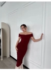 Striptiz Omuzlu Uzun Elbise- Bordo