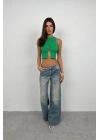 Taş Detay Dekolteli Crop Bluz