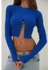 Taş Detay Triko Yaka Crop Bluz