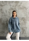Taş İşlemeli Dökümlü Kot Gömlek