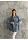 Taş İşlemeli Dökümlü Kot Gömlek