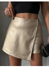 Taşlı şort etek deri gold h240018