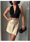 Taşlı şort etek deri gold h240018