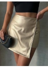 Taşlı şort etek deri gold h240018
