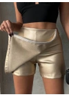 Taşlı şort etek deri gold h240018