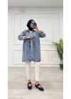 Taşlı tunik ceket kar yıkamalı mavi d2516