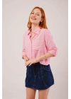 Tek Cep Çizgili Pembe Kısa Gömlek
