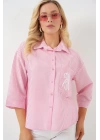 Tek Cep Nakışlı Gömlek 20328 - Pembe