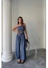 TENCEL CROP ASKILI BLUZ - ŞALVAR PANTOLON TK - İndigo