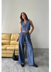 TENCEL CROP KOLSUZ GÖMLEK - PANTOLON TAKIM - İndigo