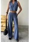 TENCEL CROP KOLSUZ GÖMLEK - PANTOLON TAKIM - İndigo