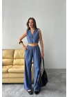 TENCEL CROP KOLSUZ GÖMLEK - PANTOLON TAKIM - İndigo